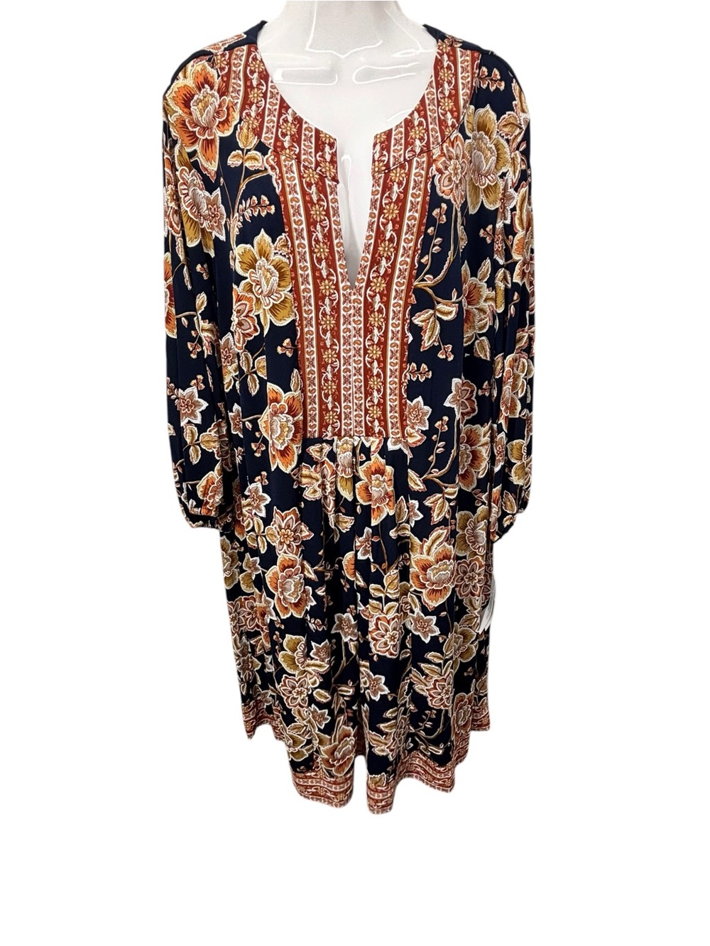 Robbie Bee Navy Floral Long Sleeve Boho Dress with Rust Trim